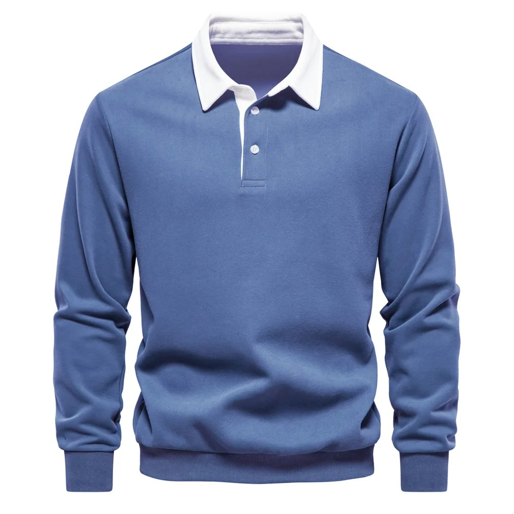 Men's navy long sleeve polo shirt cotton blend comfort fit with contrast white collar
