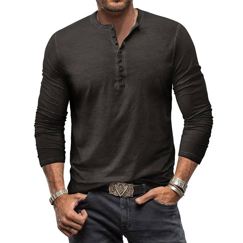Men's white cotton long sleeve Henley shirt with stretch fit and classic button placket neckline