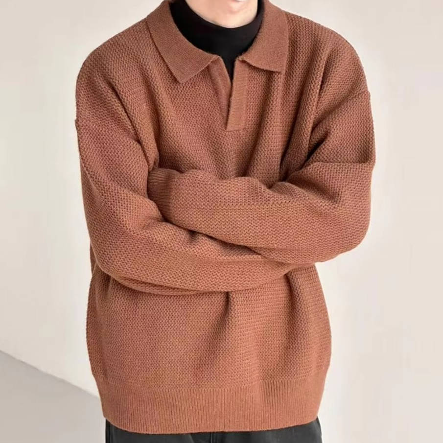 Men's navy blue long sleeve knit polo sweater with textured weave and polished collar for smart casual wear