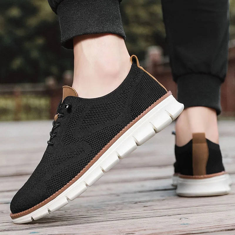 Men's lightweight knit mesh casual sneakers in neutral tones, breathable perforated upper, office-ready silhouette