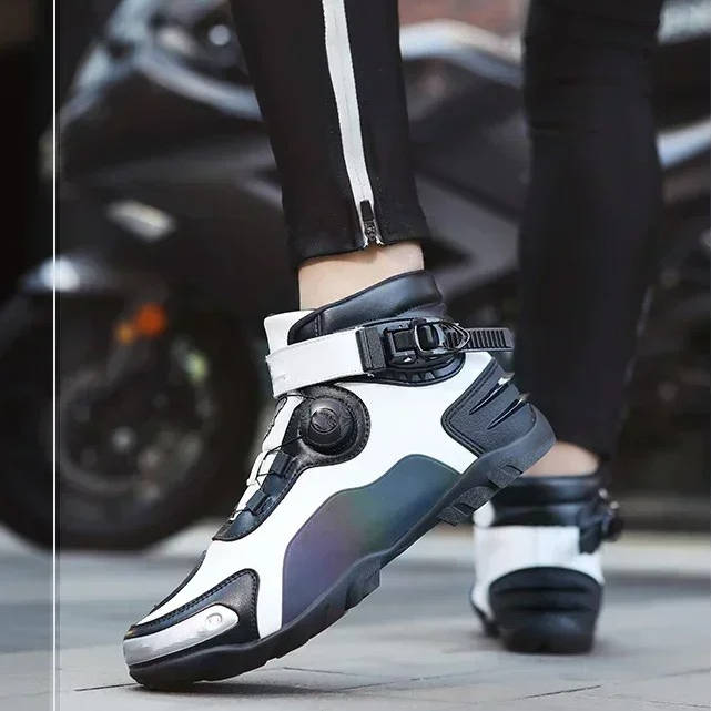 Black motorcycle sneakers with reinforced toe and ankle protection, casual streetwear style for men and women