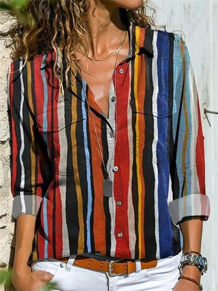 Women's oversized geometric color-block print button-down shirt with rolled long sleeves and classic collar