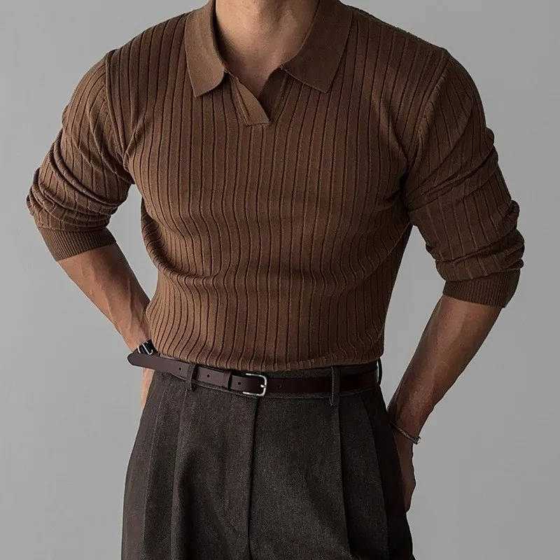 Men's long sleeve knit polo sweater casual style anti-shrink polyester versatile everyday comfort fit