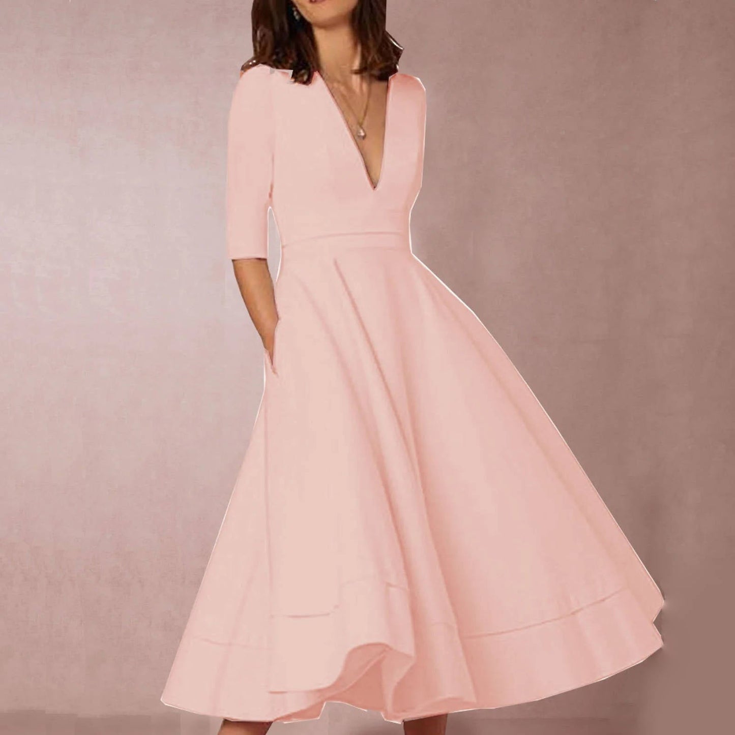 Elegant deep V-neck midi dress in solid color, sleek fitted silhouette perfect for special occasions