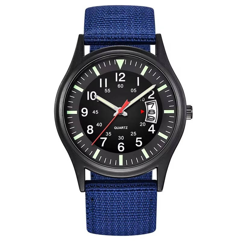 Tactical military quartz watch with durable nylon band, rugged design, and mineral glass face