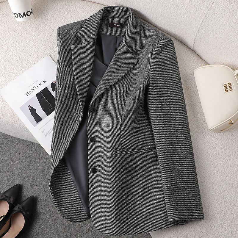 Women's tailored wool blazer single-breasted formal style with turn-down collar sleek professional fit