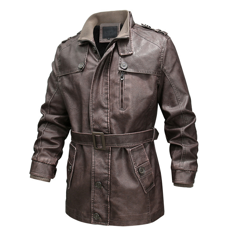 Men's black PU leather trench coat belted waist zip front plush lined urban style