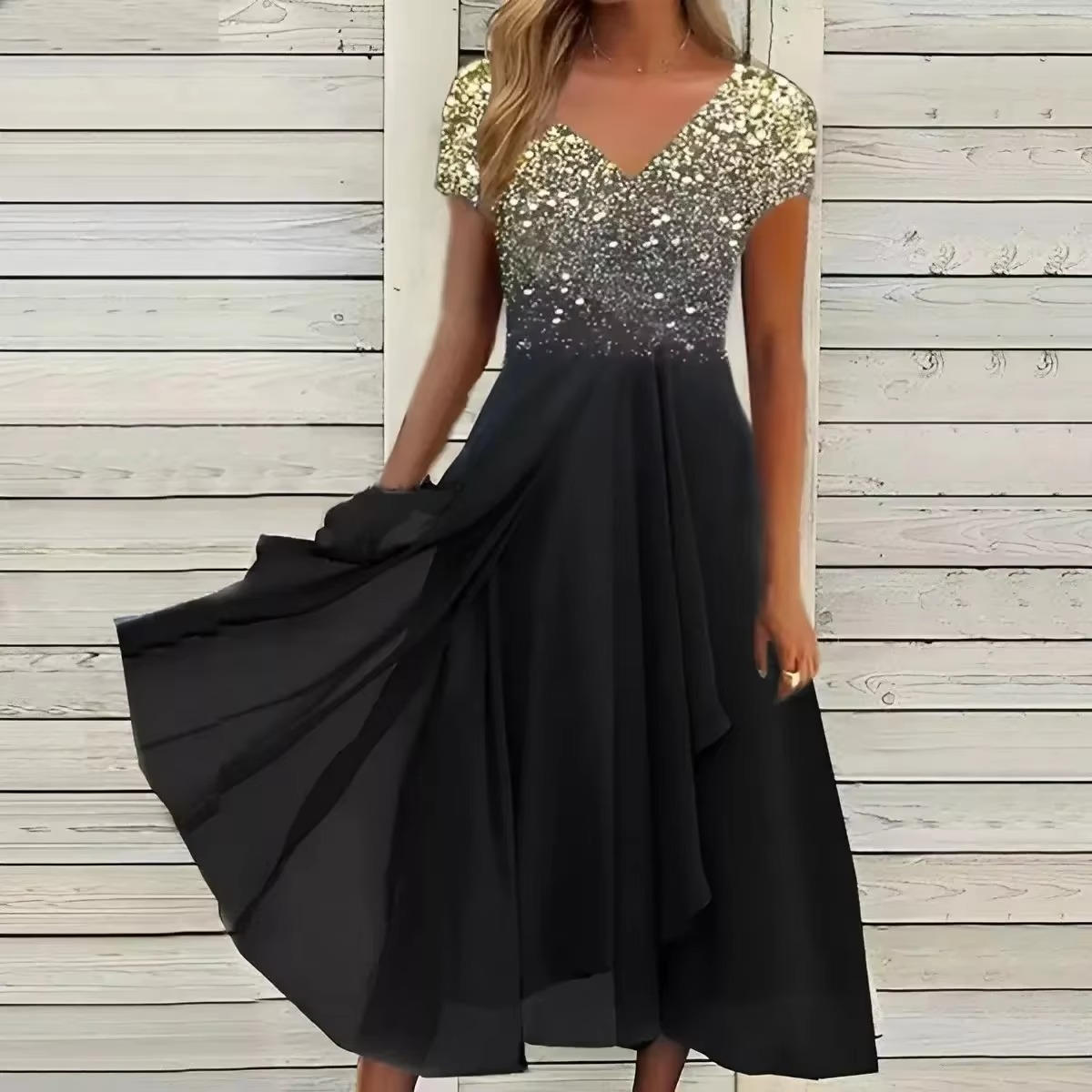 Flowy chiffon cocktail dress for wedding guests, light breathable fabric with elegant drape