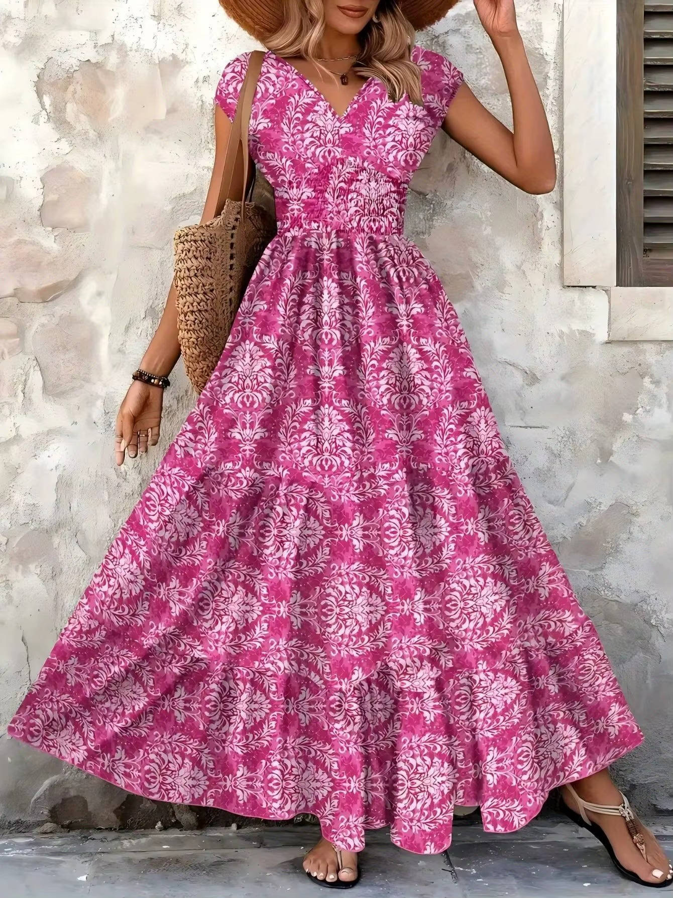 Women's boho print tiered maxi dress with smocked elastic waist, flowing relaxed silhouette