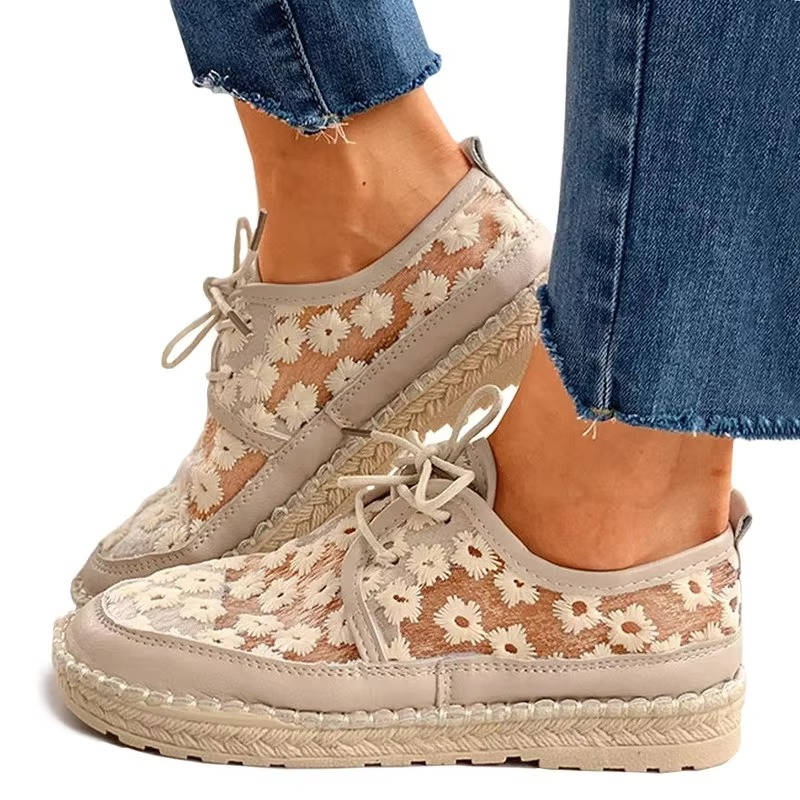 Women's floral lace espadrille sneakers with breathable mesh upper and retro-inspired silhouette