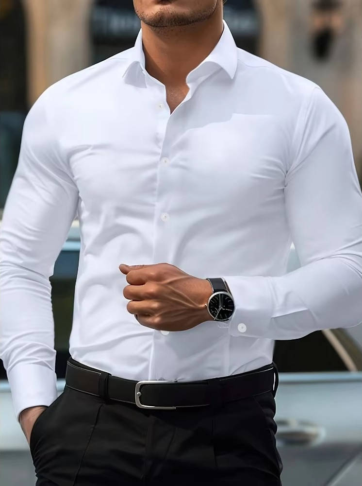 Men's slim fit long sleeve button-down dress shirt with cuffs, four-way stretch fabric for office