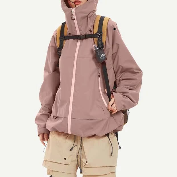 Men's waterproof gray hiking jacket with hood, windproof rain shell with front pockets for outdoors
