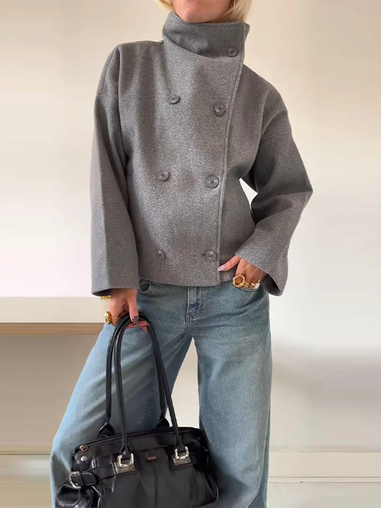 Women's short wool blend oversized coat with stand-up collar and double-breasted front closure