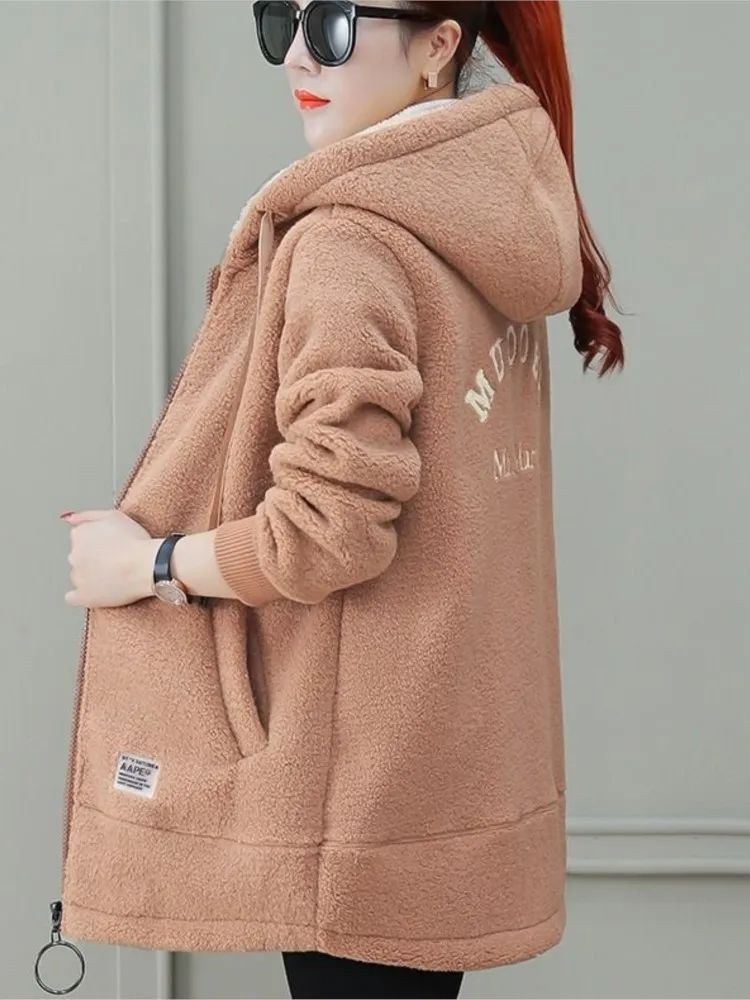 Women's mid-length hooded fleece coat loose fit zipper closure plush texture cozy everyday layer