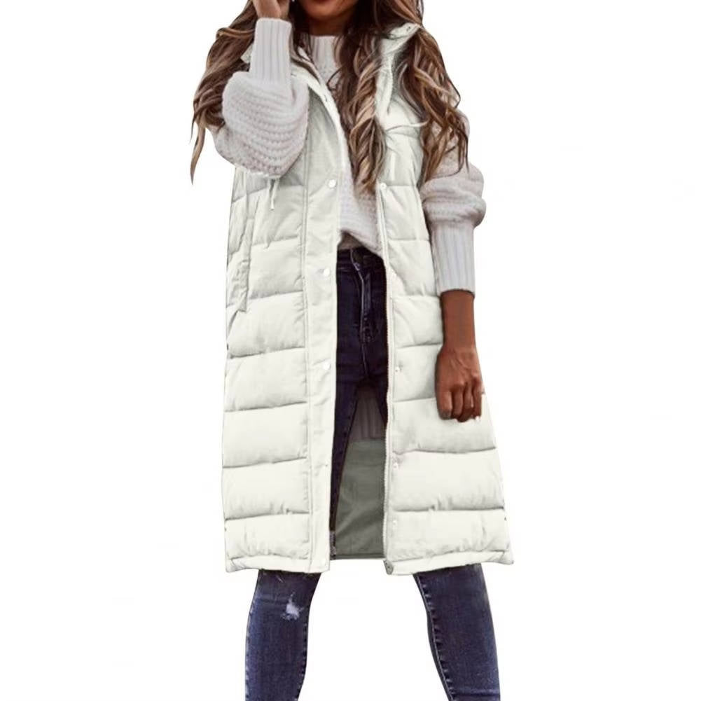 Long black hooded sleeveless puffer vest with knee-length coverage for cold-weather layering