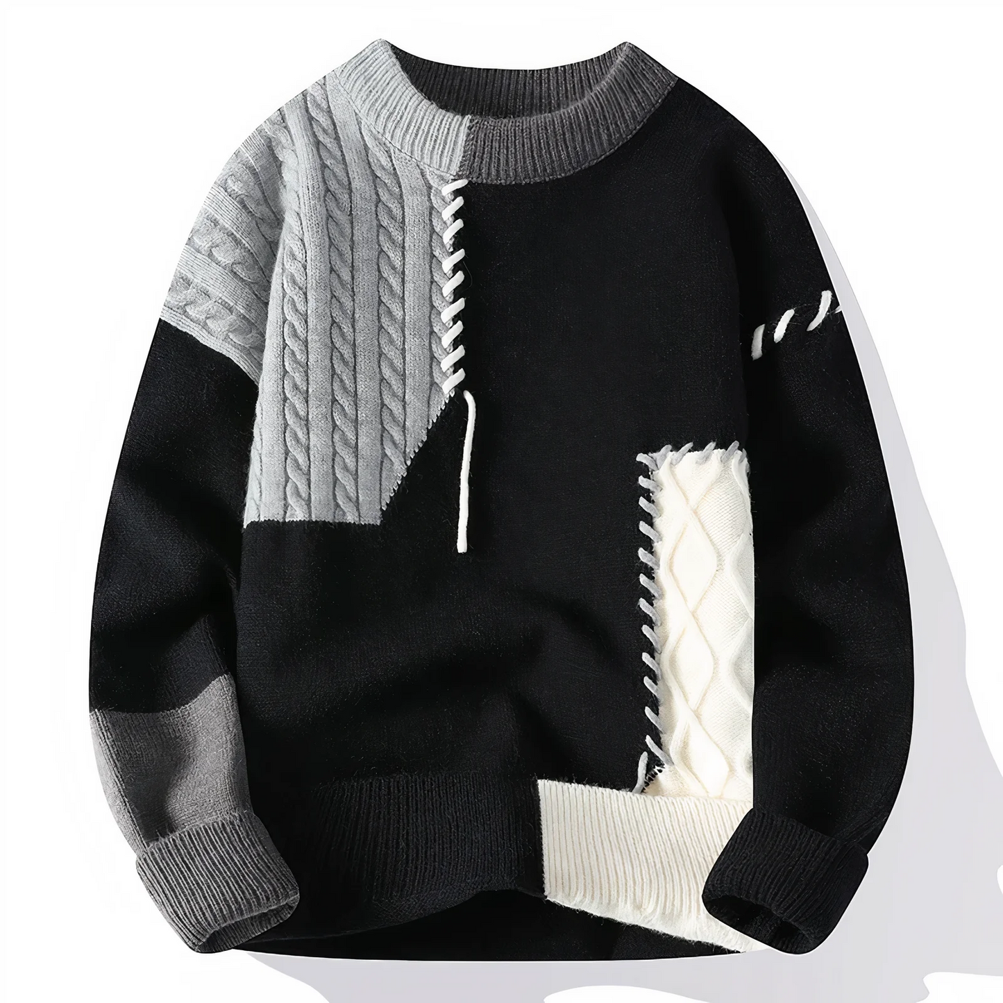Men's patchwork fringe wool blend crew neck sweater relaxed fit artisanal knit fall style