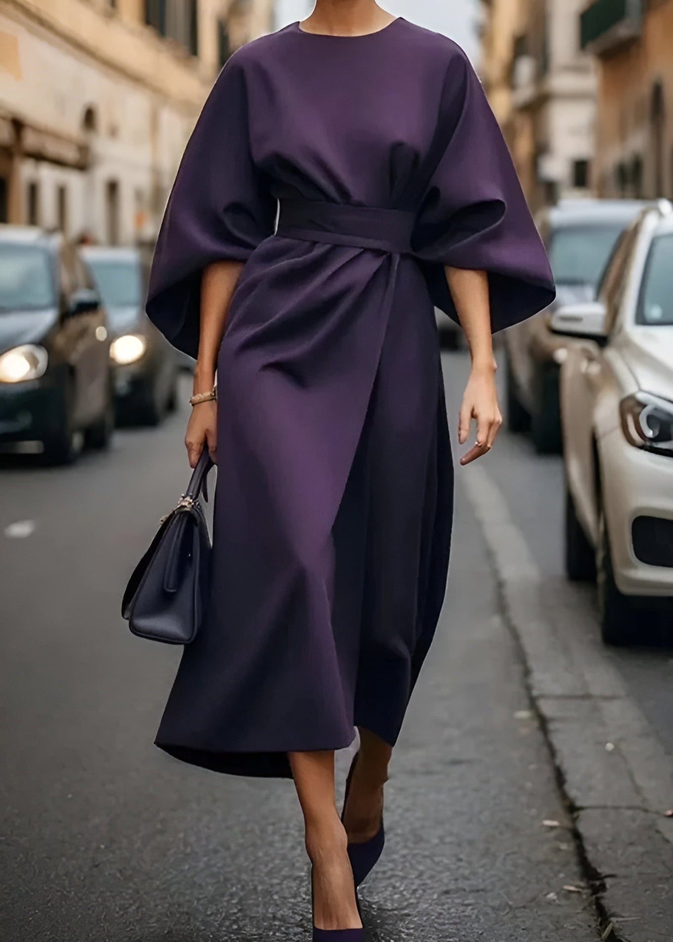 Flowy belted maxi dress with wide kimono sleeves and tie waist for relaxed refined style