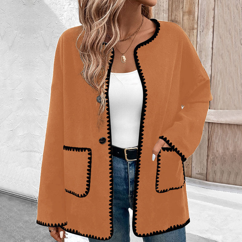 Unisex colorblock fleece coat black-edged long sleeve with pockets for cozy modern winter style