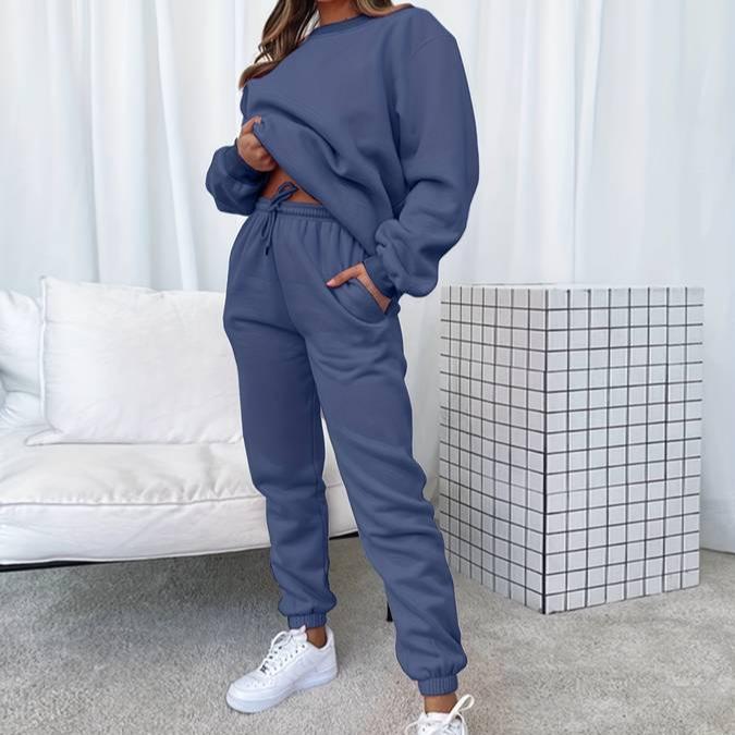 Women's matching gray sweatshirt and jogger set relaxed loungewear two-piece coordinated casual