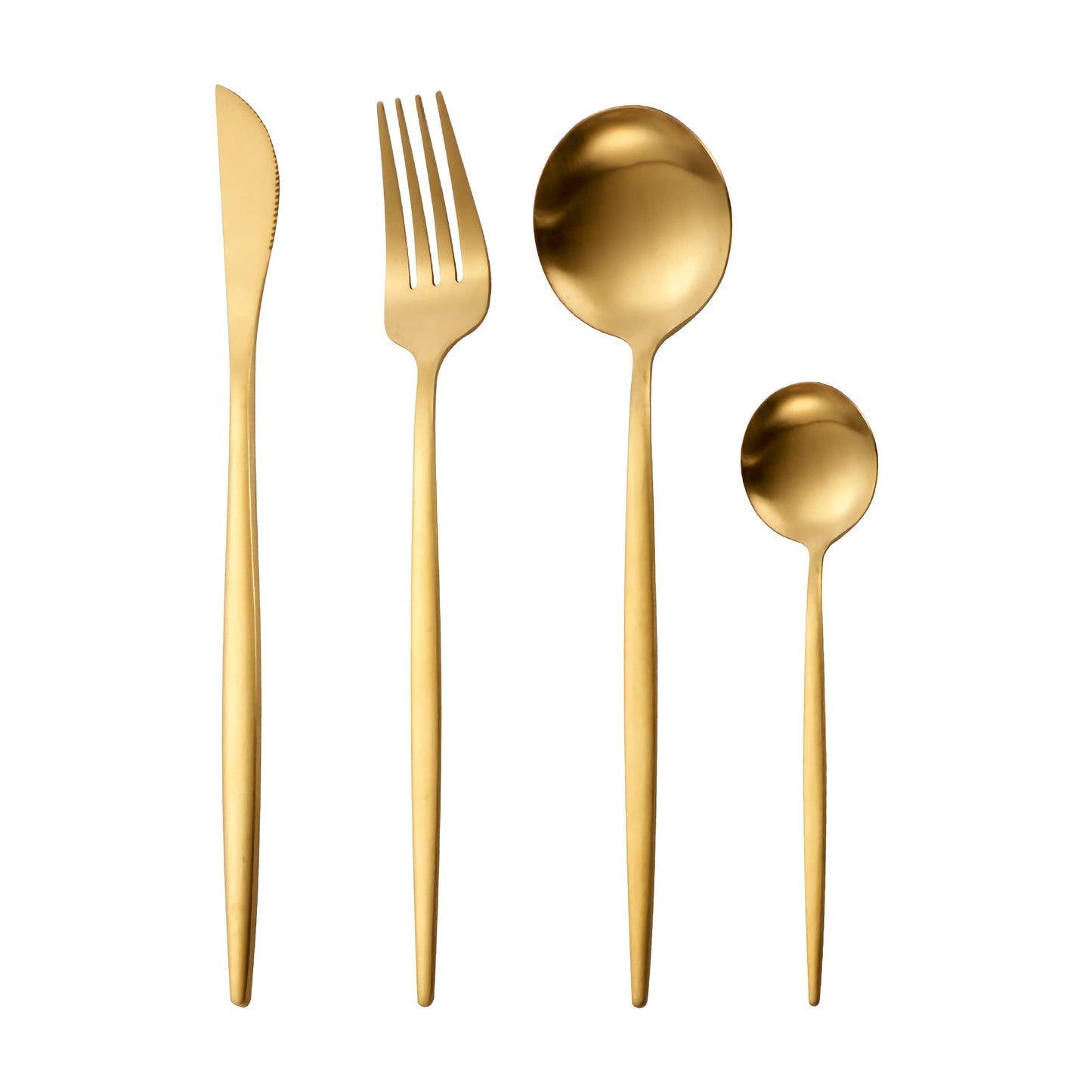 Minimalist matte gold flatware set with sleek ergonomic handles for elegant modern dining