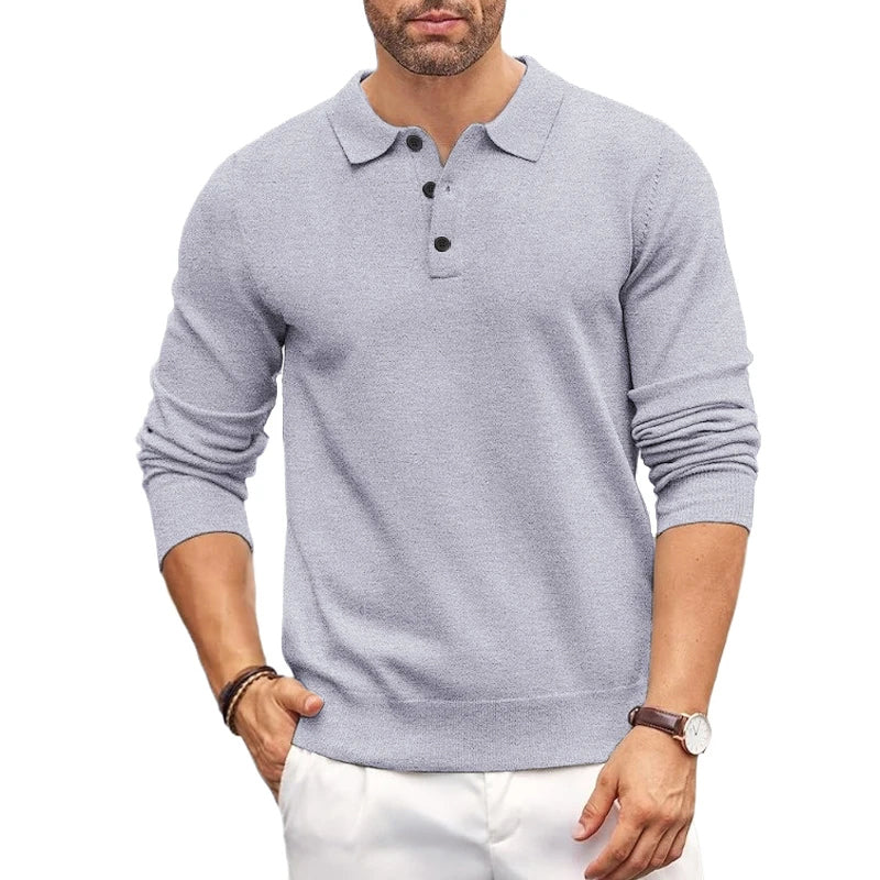 Men's slim fit polo collar knit sweater soft elastic fabric casual layering style