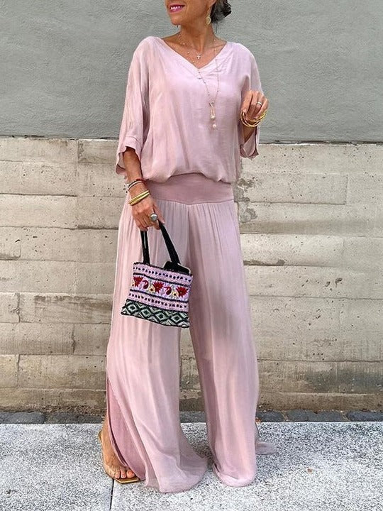 Women's ivory wide-leg chiffon two-piece pants set with fluid drape and refined silhouette