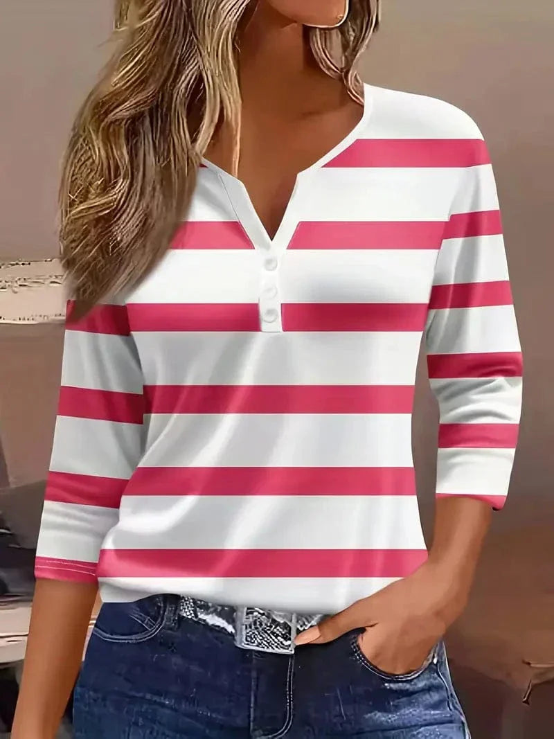Striped V-neck top with bold multicolor stripes, soft ¾ sleeves, lightweight breathable fabric for women