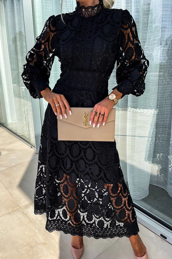 Women's ivory lace midi dress A-line silhouette long sleeves elegant romantic design