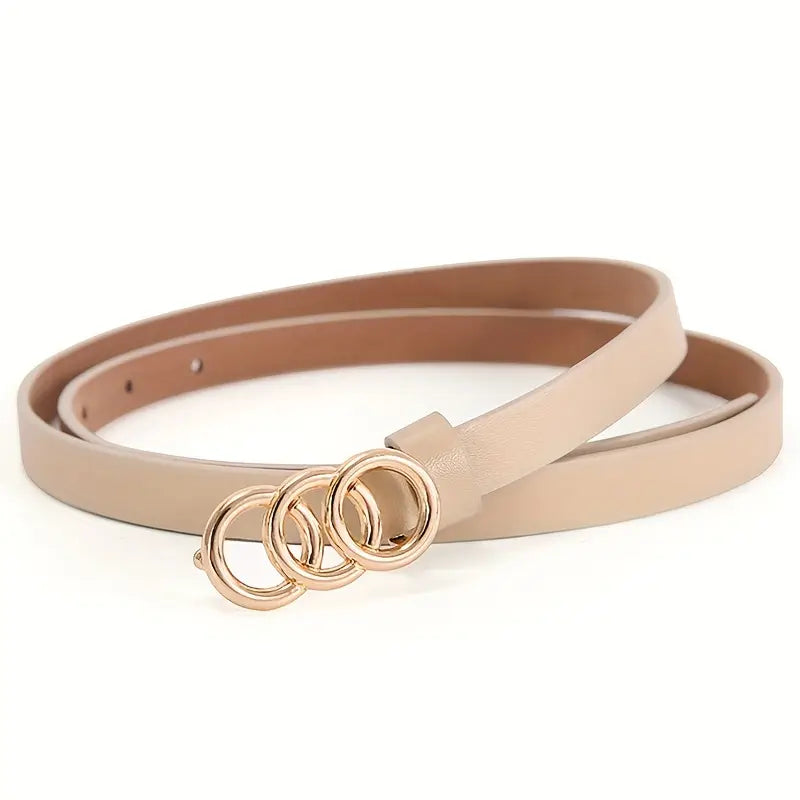 Black adjustable vegan leather belt with triple circular buckles slim minimalist design