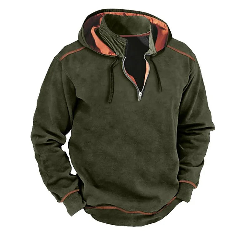 Men's gray relaxed fit half-zip hoodie sweatshirt with ribbed collar cotton blend casual wear