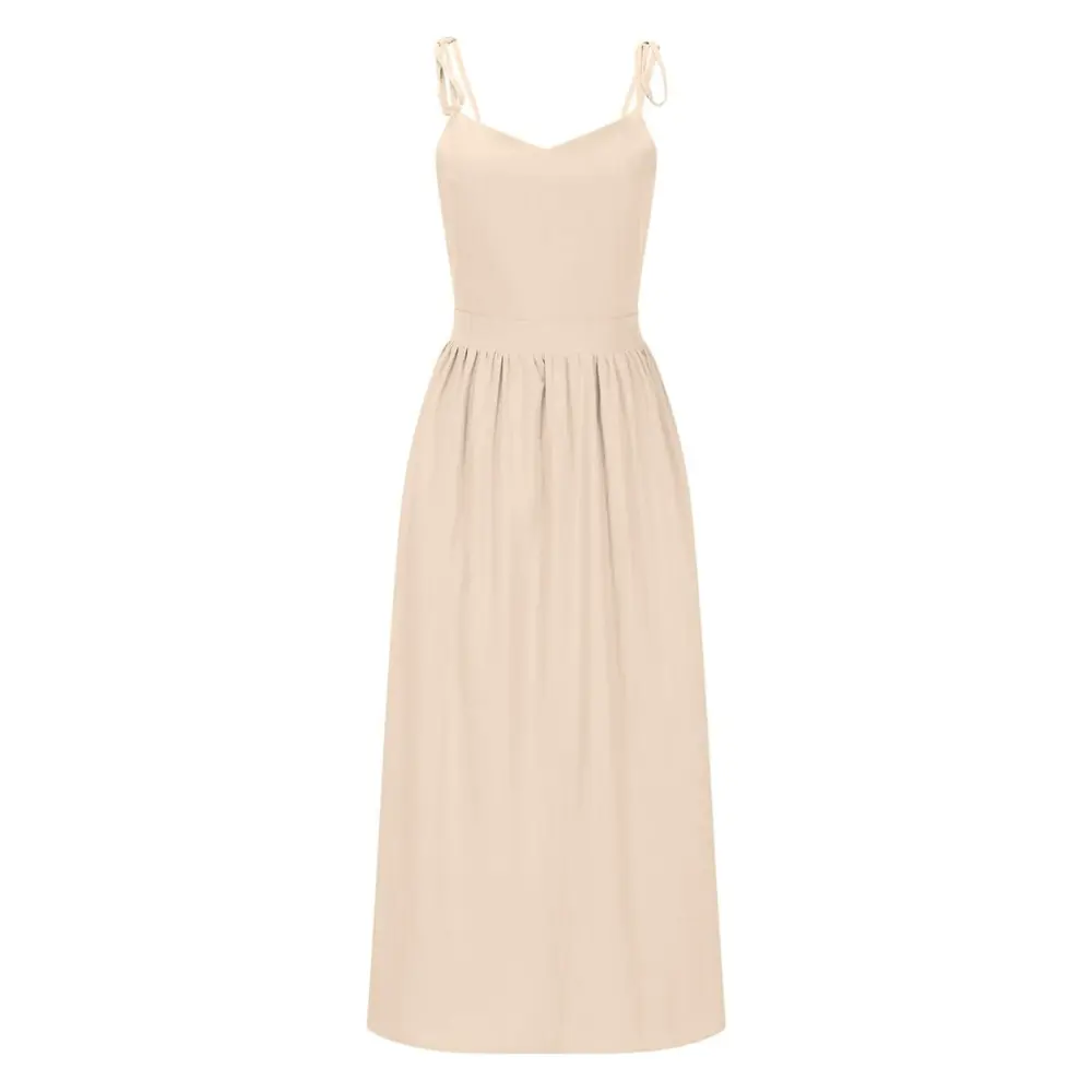 Grace bustier midi dress with sculpted bodice, pleated flowing skirt, waist-flattering summer silhouette