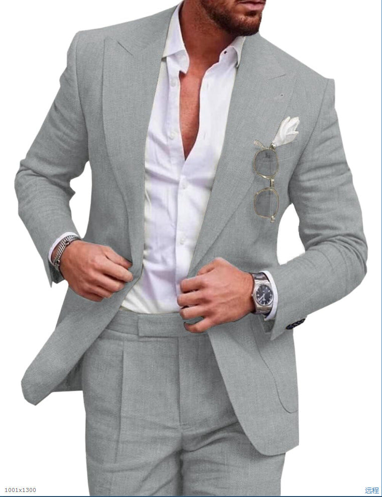 Men's slim fit beige linen suit set single breasted lightweight breathable Nordic Flair elegant