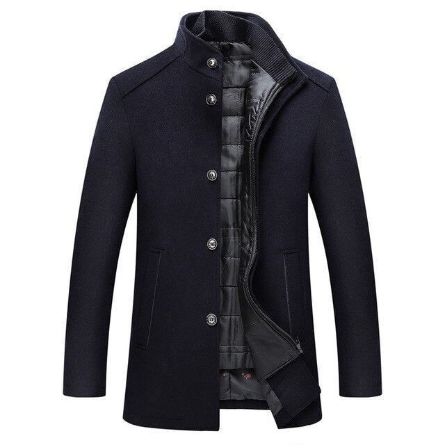 Men's dark winter jacket stand collar button-up tailored fit premium warm outerwear by Wavlynn