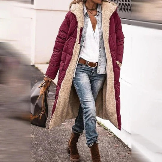 Women's full-length hooded winter coat with faux shearling lining, insulated straight-cut neutral outerwear