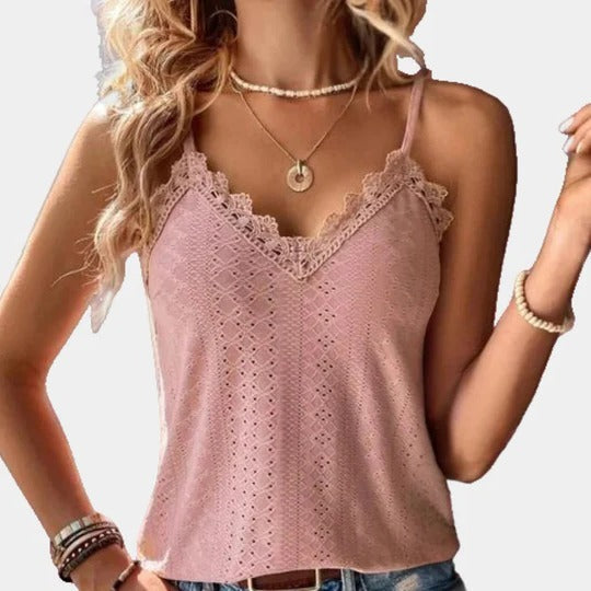 Women's white v-neck top with eyelet embroidery and delicate lace patches, lightweight summer style