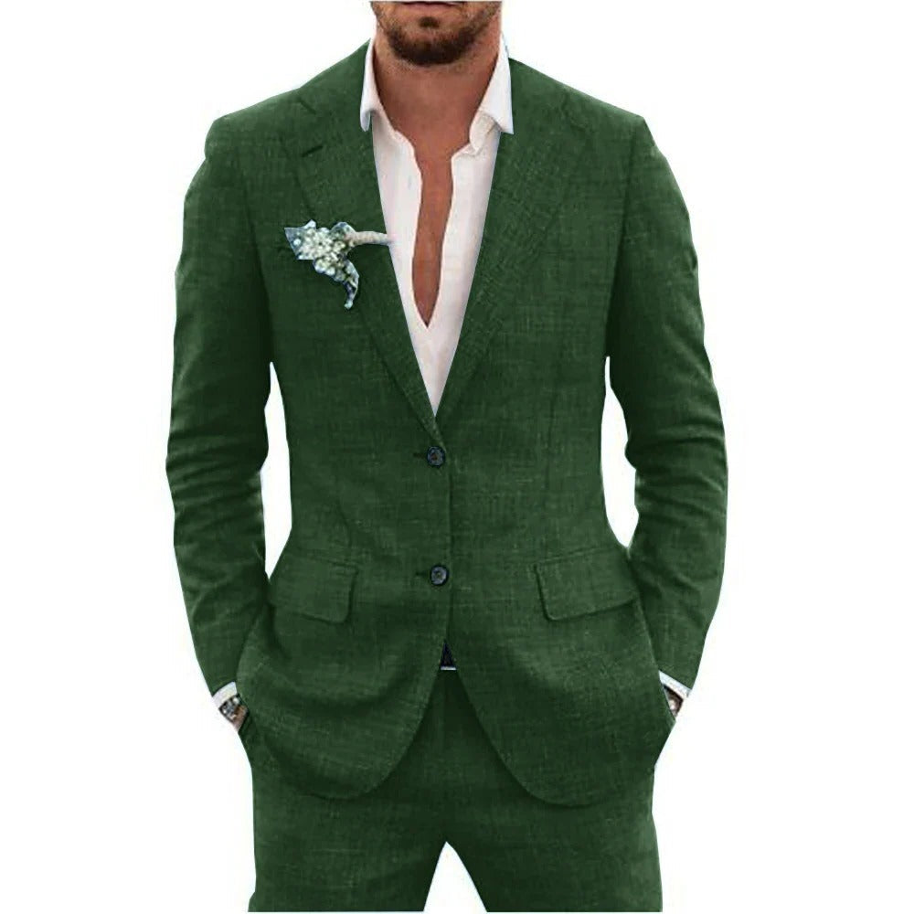 Wavlynn men's light beige two-piece summer suit slim-fit breathable jacket and matching trousers