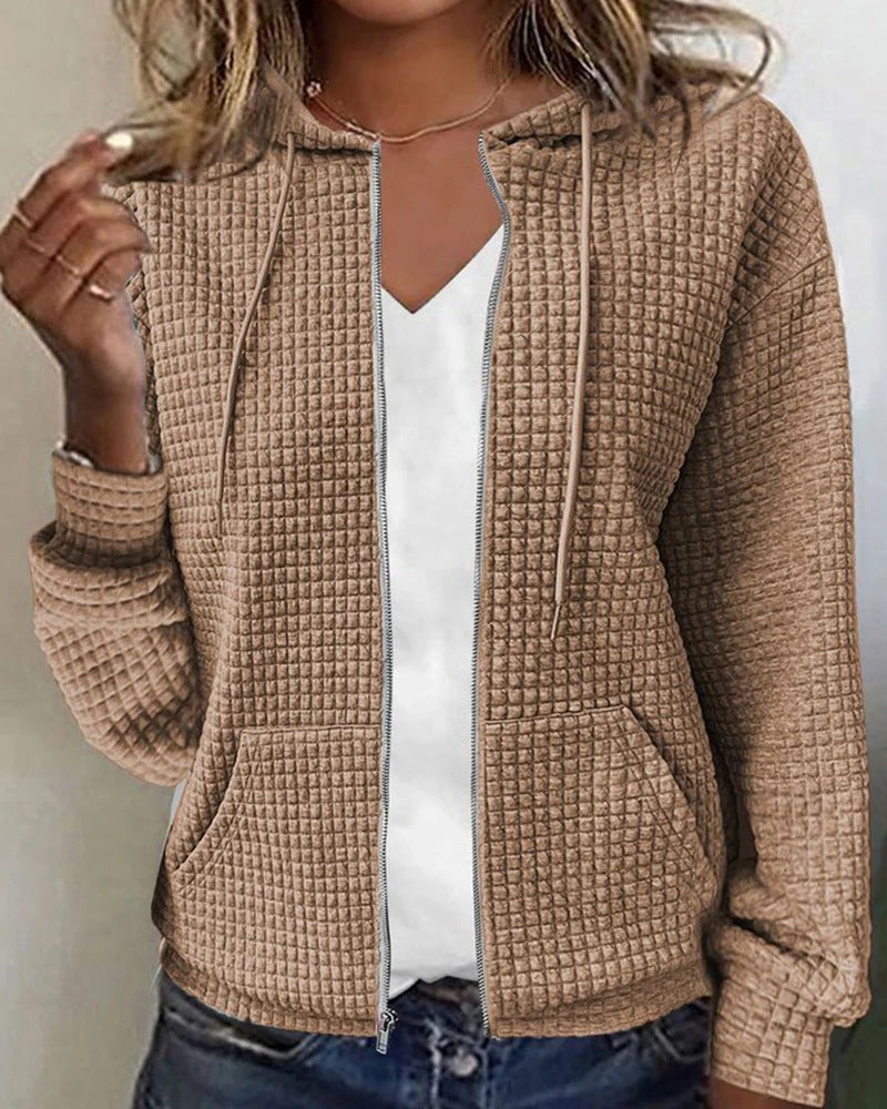 Women's hooded zip cardigan cozy casual chic everyday layering piece with full-length zipper closure