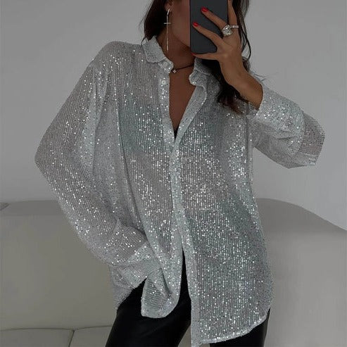 Women's silver sequin oversized blouse relaxed fit with turn-down collar festive sparkle