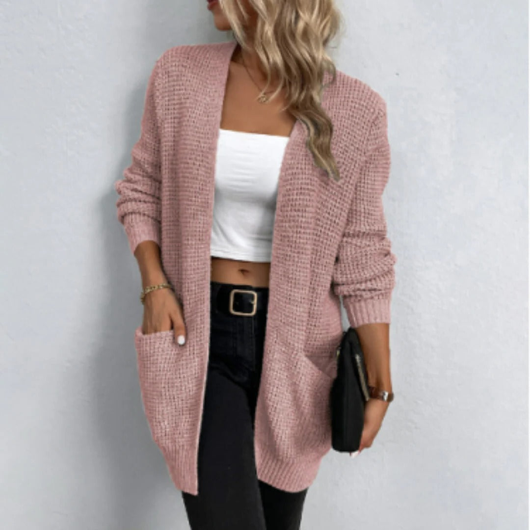 Long sleeve open-front knit cardigan relaxed fit with front pockets, versatile layering essential