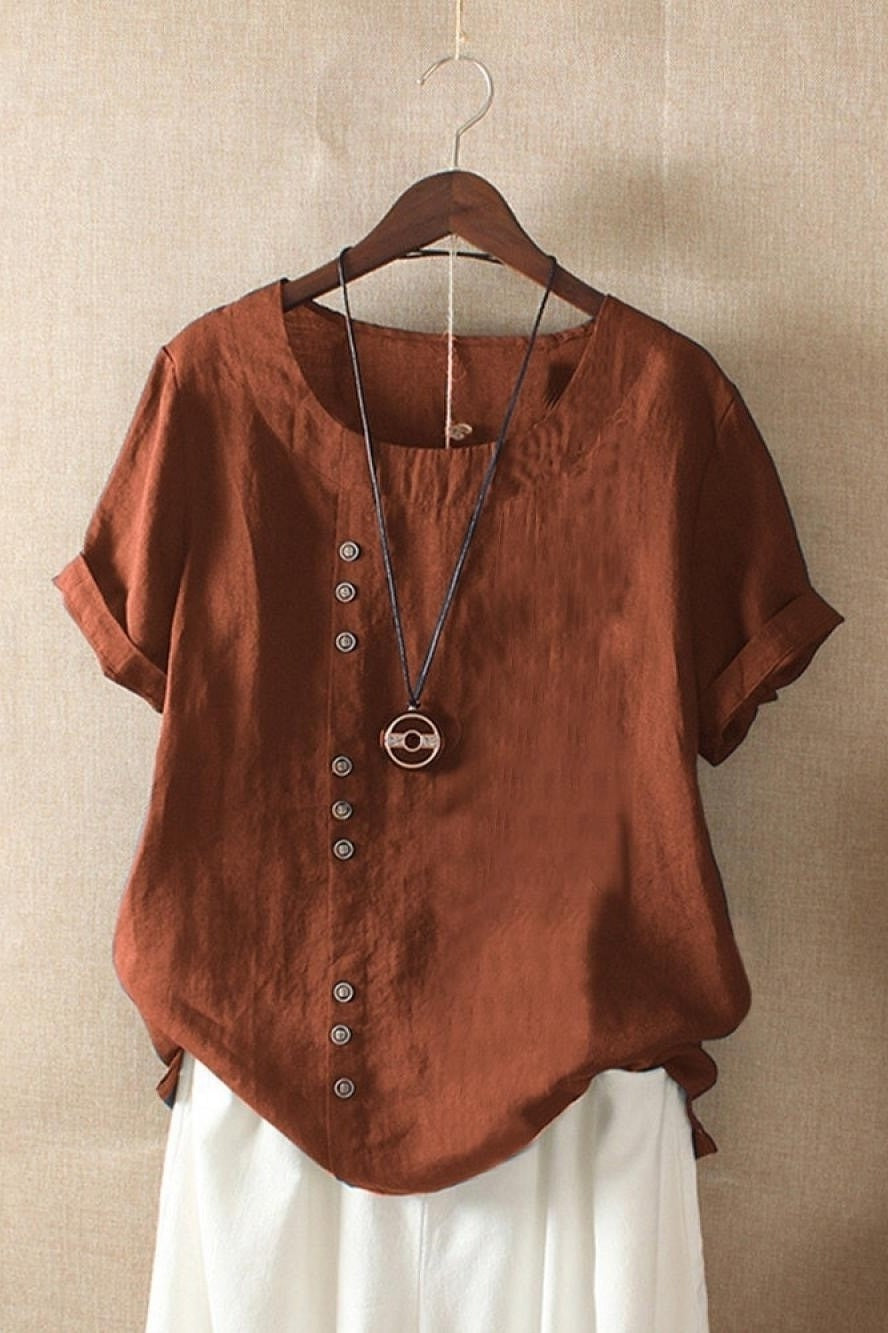Women's Round Neck Solid Color Buttons Short Sleeves Blouse