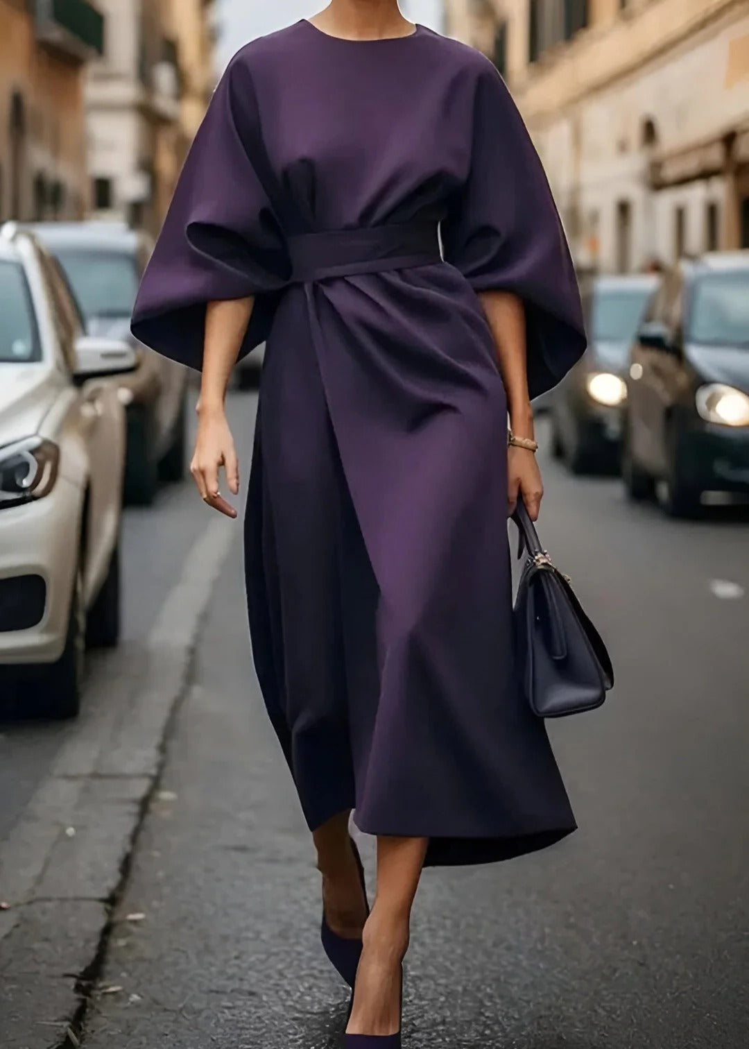 Women's loose fit belted maxi dress with wide kimono sleeves in elegant flowy silhouette