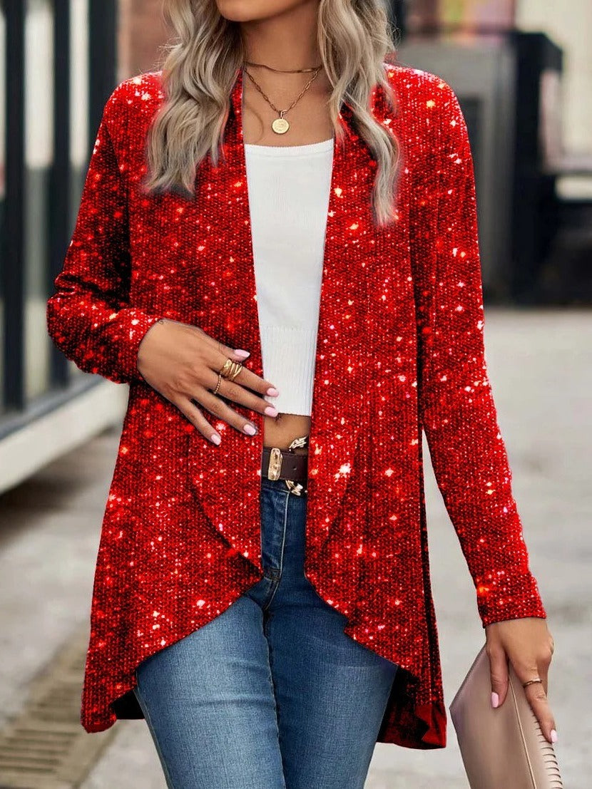 Women's silver sequin glitter open-wrap cardigan hip-length lightweight sparkle layer