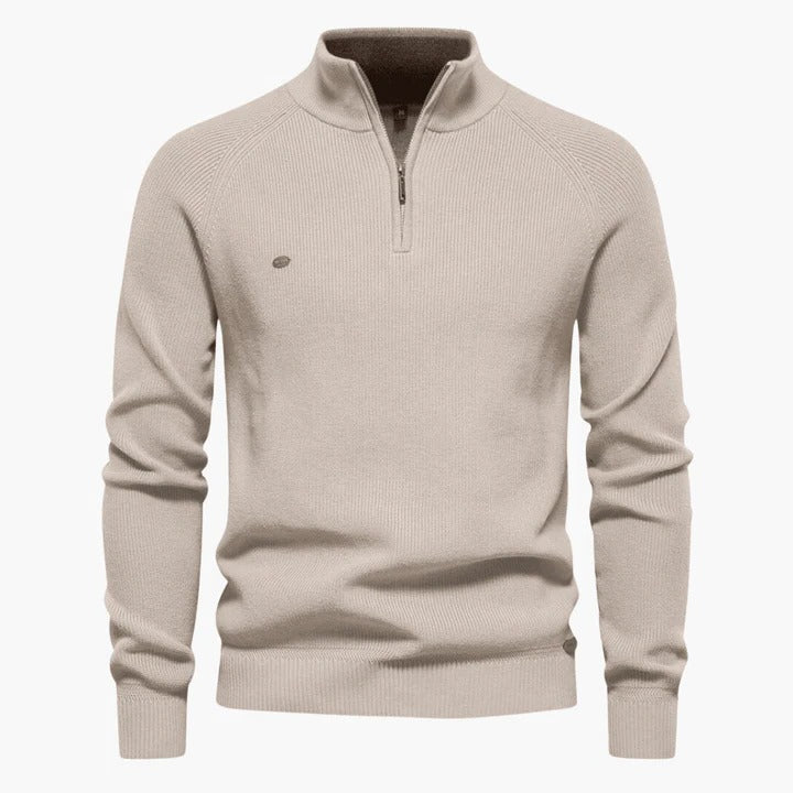 Men's navy knit sweater with quarter-zip stand collar, versatile slim fit for professional and casual wear
