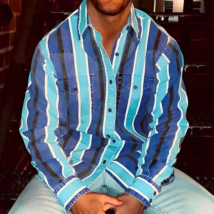 Men's retro color block stripe shirt loose fit long sleeve casual top with bold vintage pattern