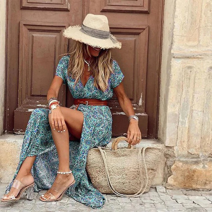 Women's short-sleeve V-neck summer dress regular fit flattering silhouette warm-weather casual style