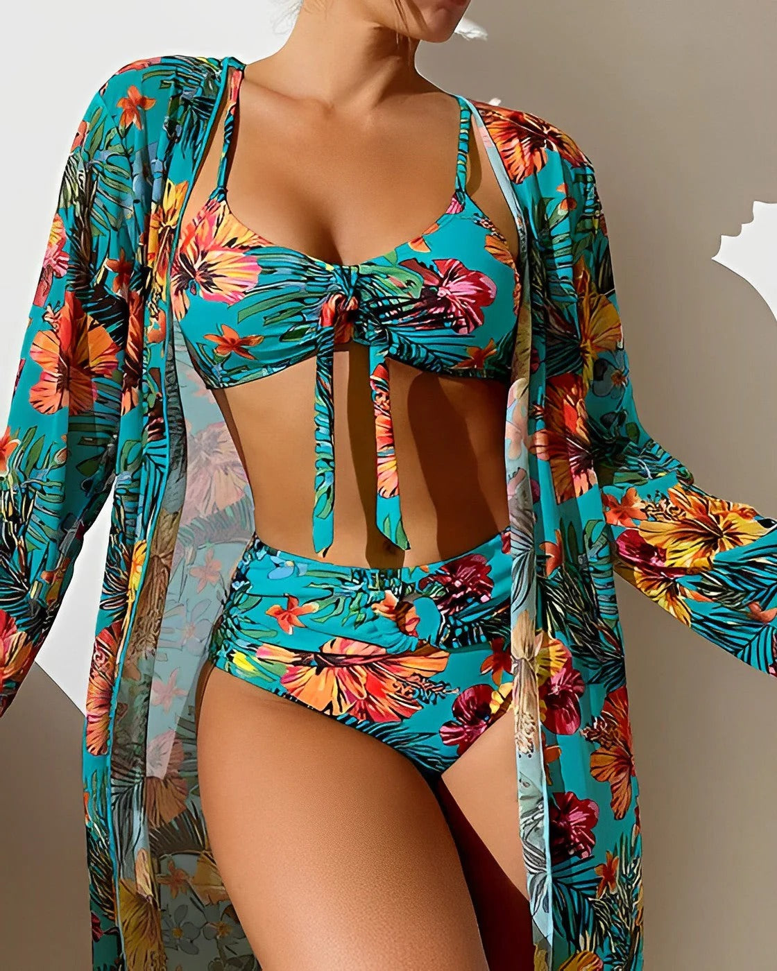 Women's high-waisted floral bikini set three-piece summer swimwear with vibrant print