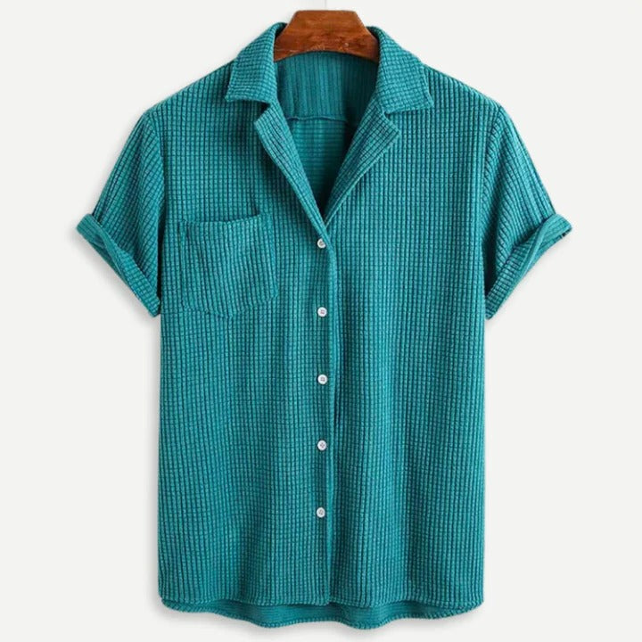 Men's green relaxed waffle knit shirt lightweight short sleeve button-front regular fit