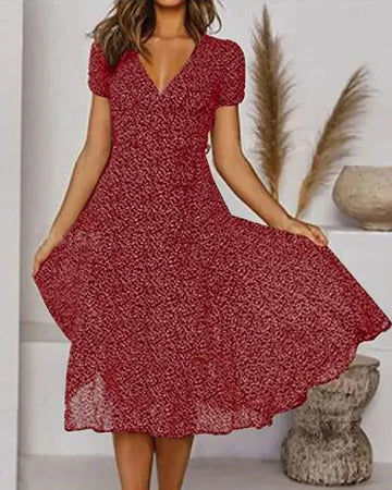 Women's floral print V-neck dress in multicolor, flowing silhouette perfect for warm-weather styling
