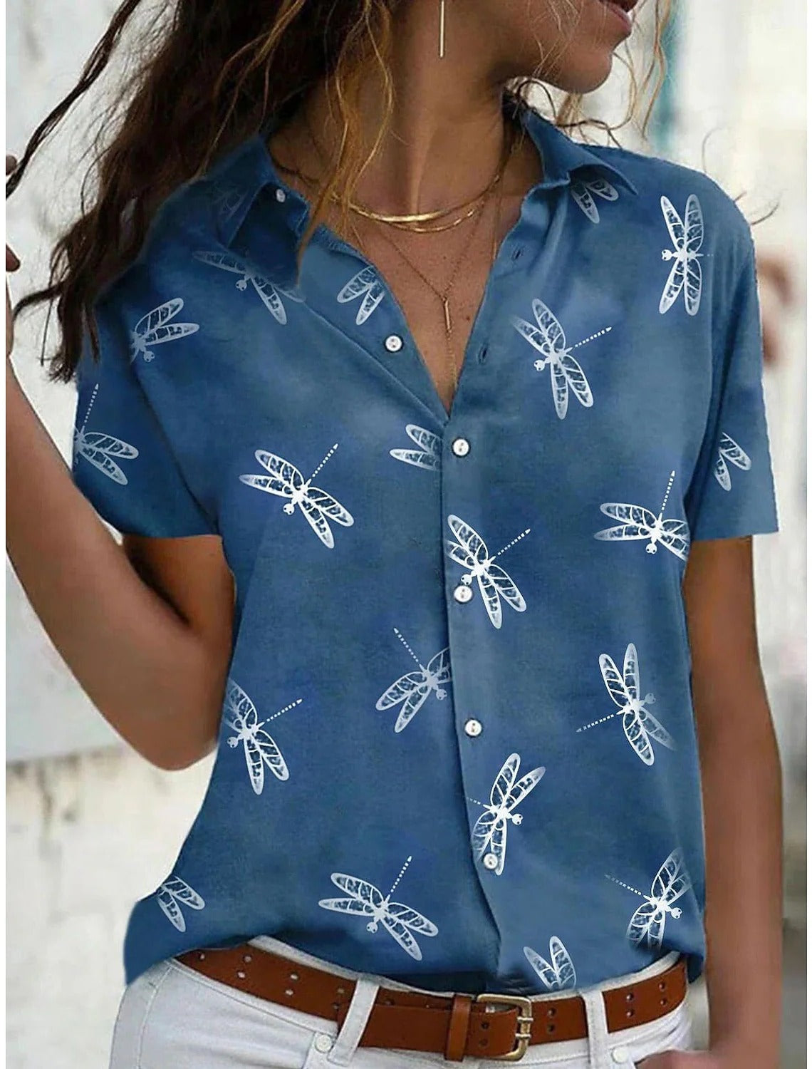 Women's dusty pink dragonfly print short sleeve button-down shirt with all-over white nature pattern