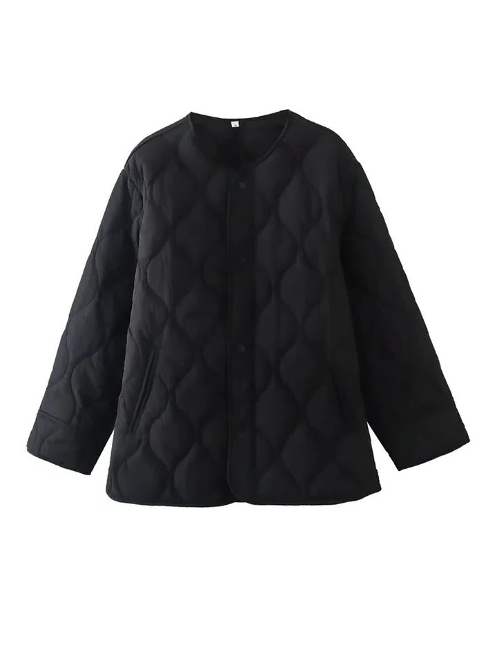 Casual loose-fit winter jacket in neutral tone, clean silhouette design for cold-weather layering